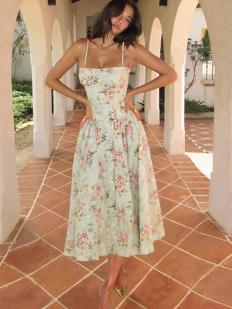 Hazel | Women's Floral Strap Midi Wedding Guest Dress 0