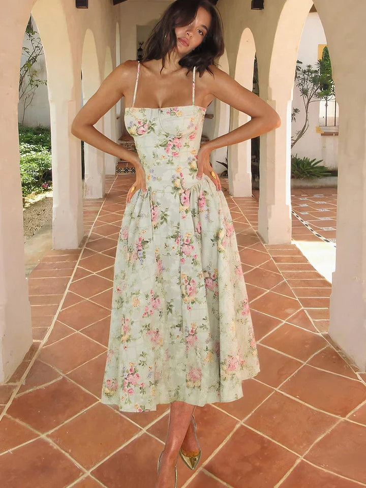 Hazel | Women's Floral Strap Midi Wedding Guest Dress 0