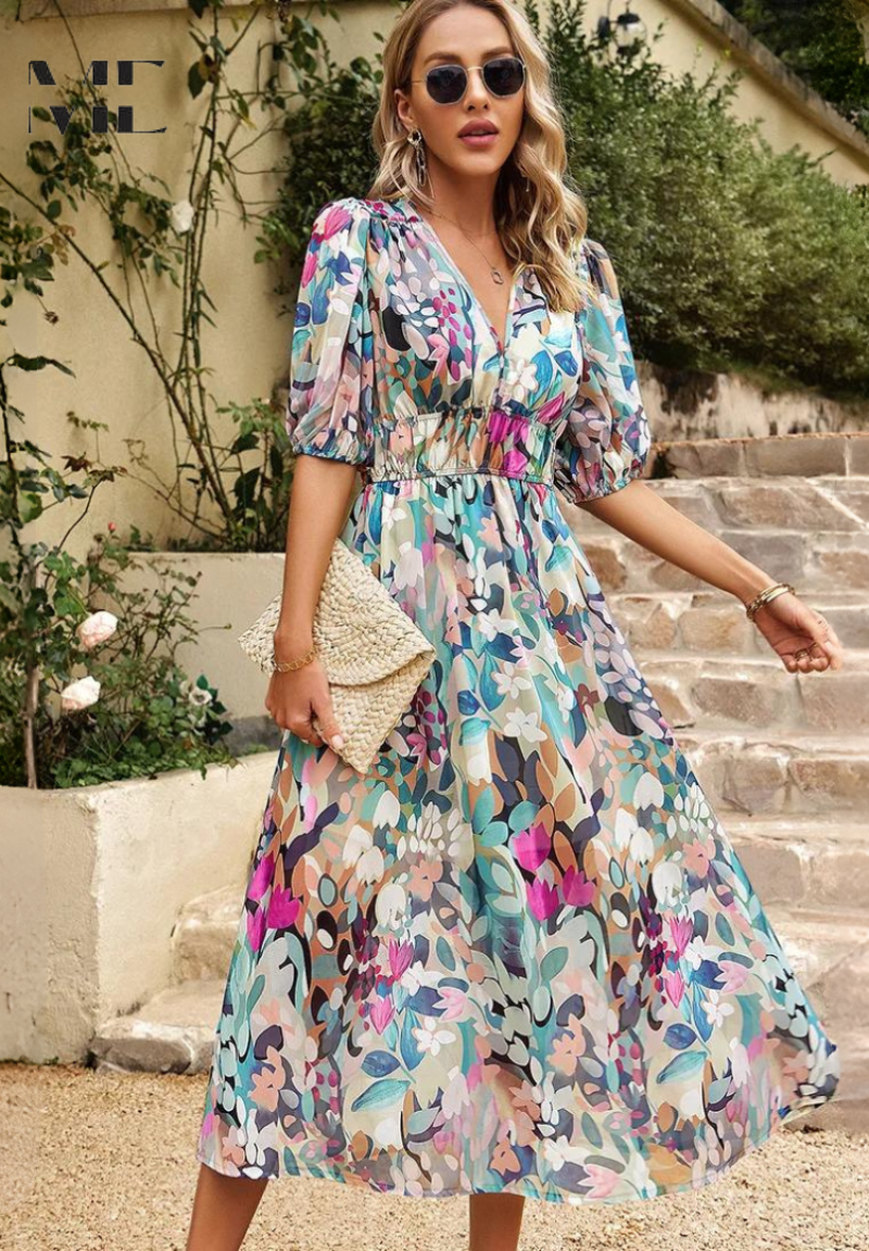 Jasmine | Women's Floral V Neck Midi Wedding Guest Dress 0
