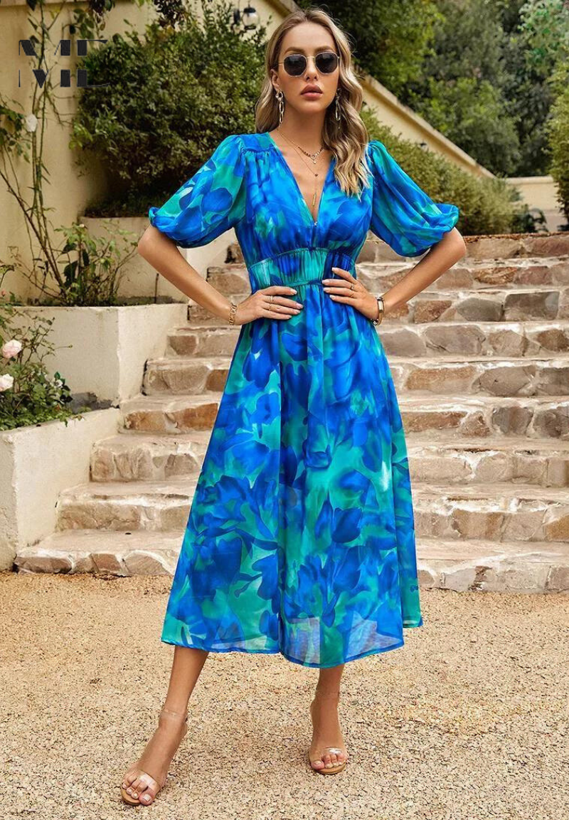 Jasmine | Women's Floral V Neck Midi Wedding Guest Dress 3