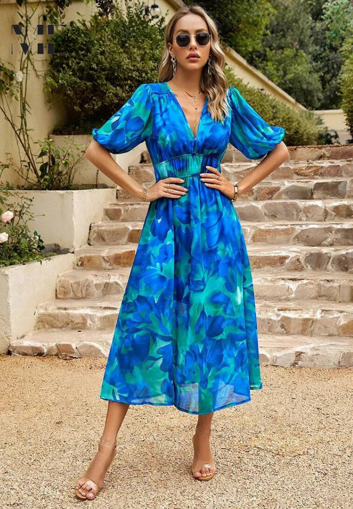 Jasmine | Women's Floral V Neck Midi Wedding Guest Dress 3
