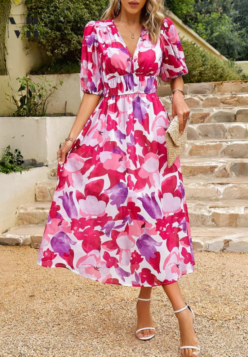 Jasmine | Women's Floral V Neck Midi Wedding Guest Dress 6