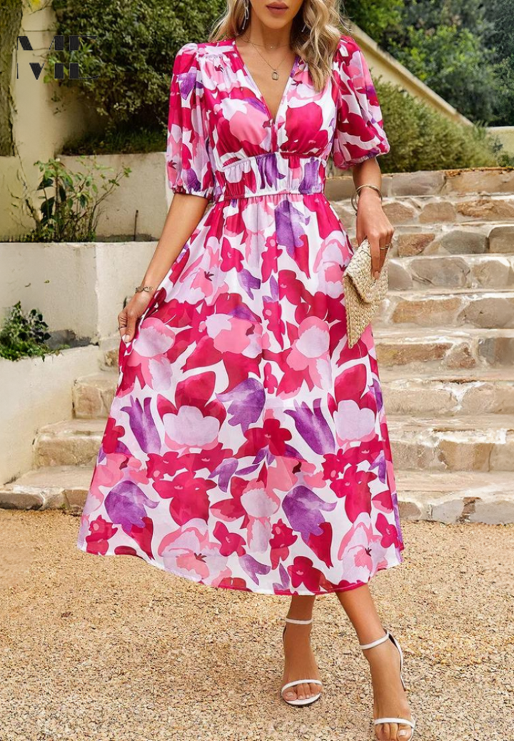 Jasmine | Women's Floral V Neck Midi Wedding Guest Dress 6