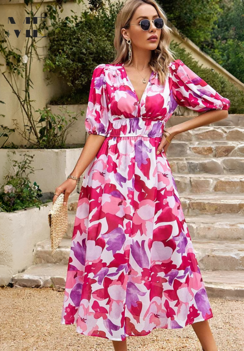 Jasmine | Women's Floral V Neck Midi Wedding Guest Dress 7