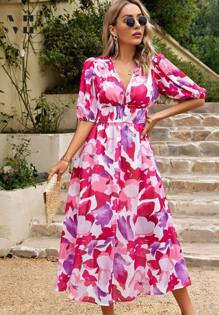 Jasmine | Women's Floral V Neck Midi Wedding Guest Dress 7