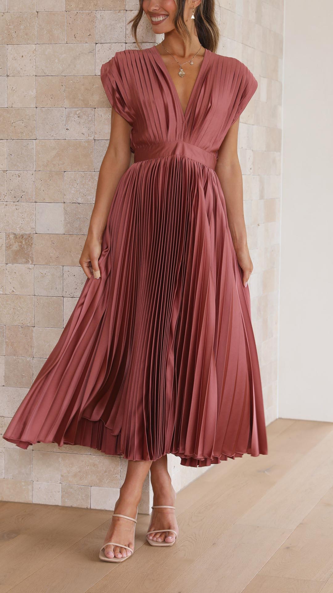 Kaitlyn | Women's Pleated V Neck Midi Wedding Guest Dress 0