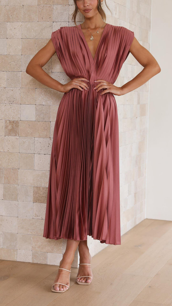 Kaitlyn | Women's Pleated V Neck Midi Wedding Guest Dress 1