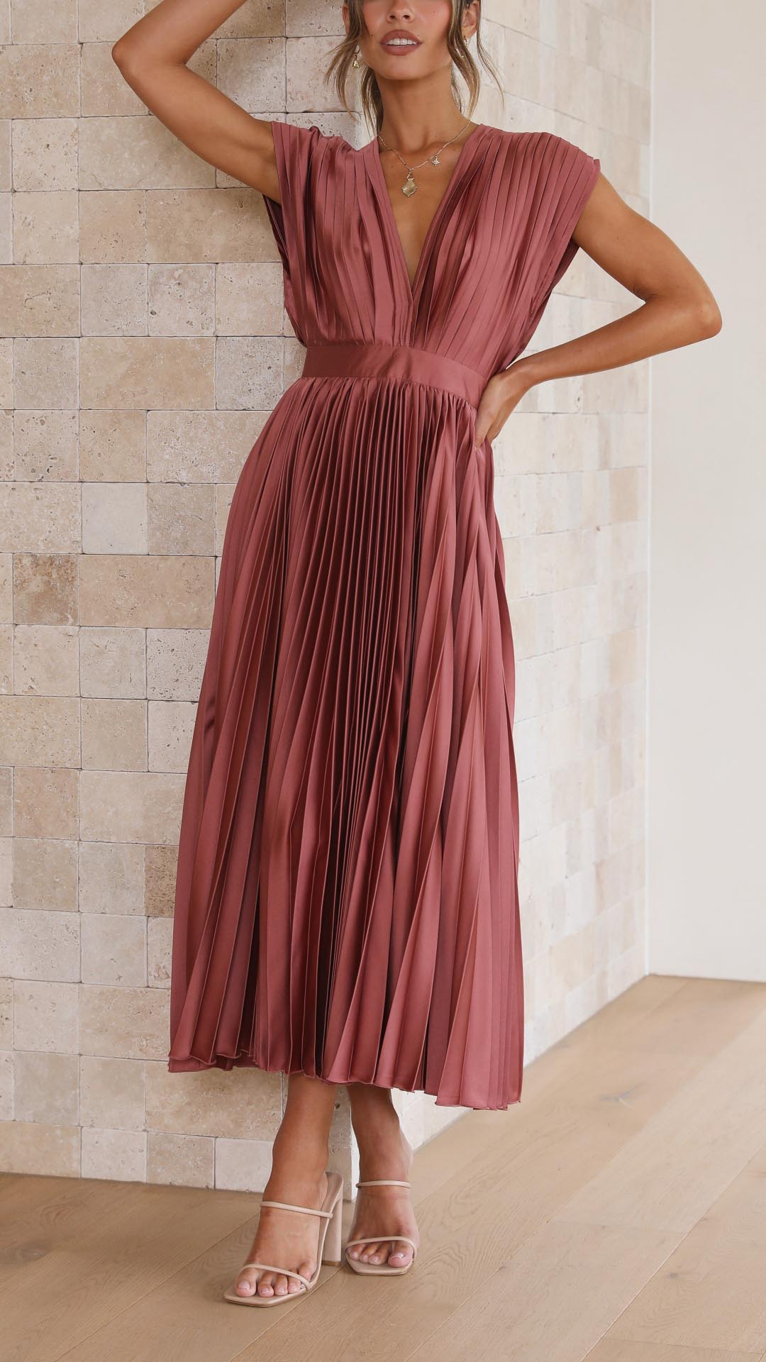 Kaitlyn | Women's Pleated V Neck Midi Wedding Guest Dress 3