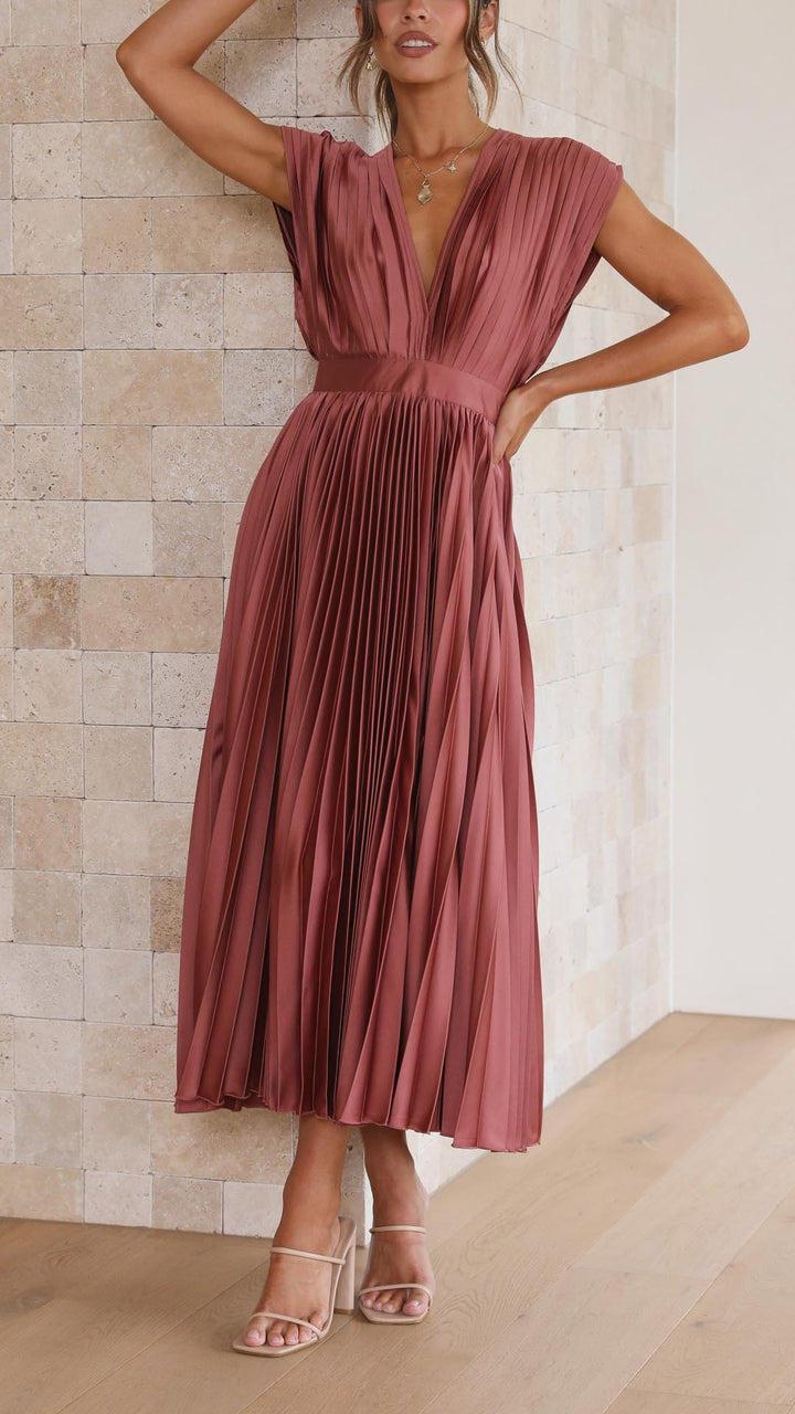 Kaitlyn | Women's Pleated V Neck Midi Wedding Guest Dress 3