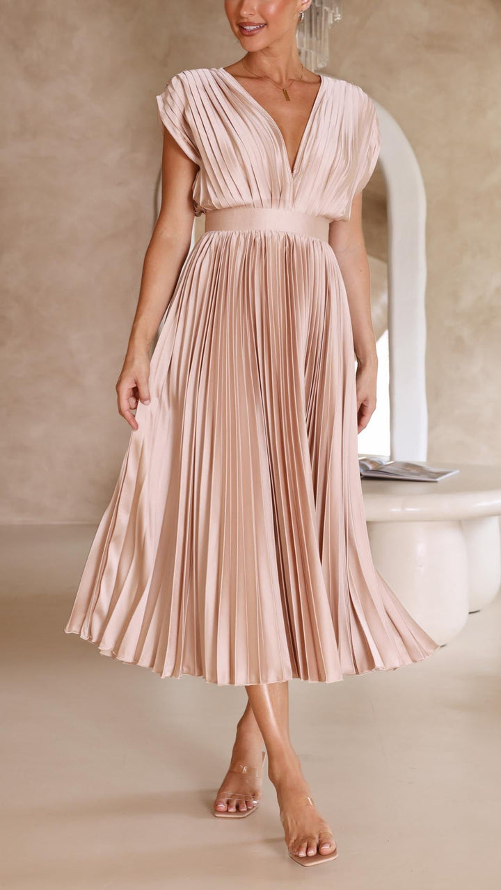 Kaitlyn | Women's Pleated V Neck Midi Wedding Guest Dress 5
