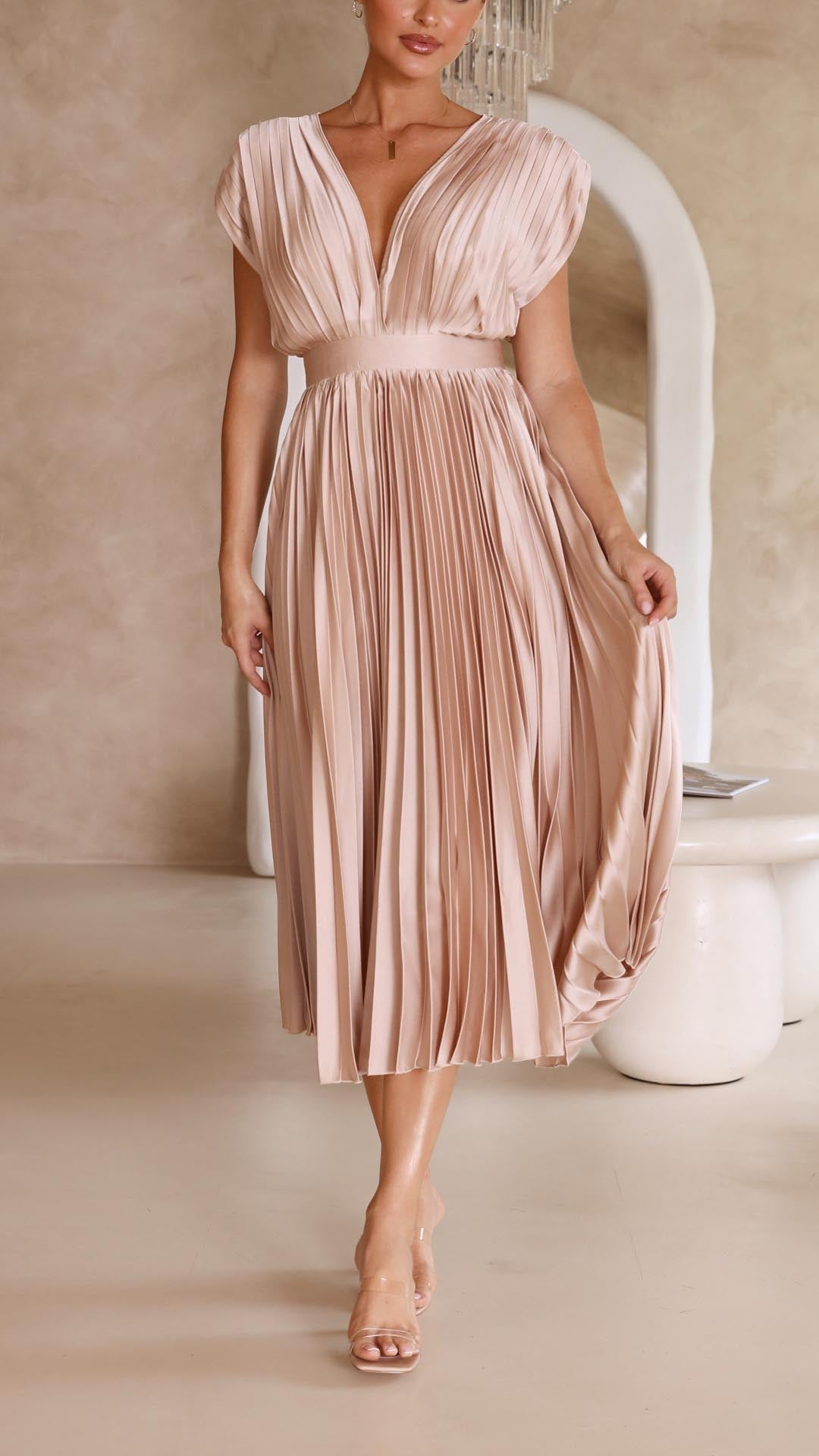 Kaitlyn | Women's Pleated V Neck Midi Wedding Guest Dress 6