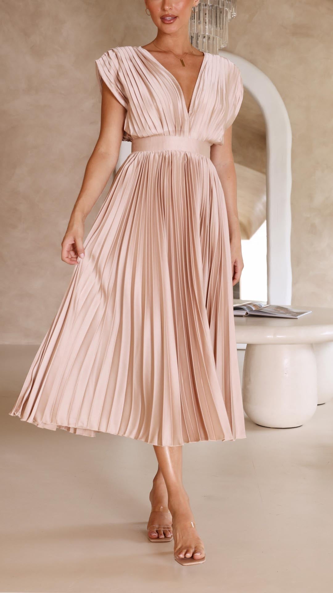 Kaitlyn | Women's Pleated V Neck Midi Wedding Guest Dress 7