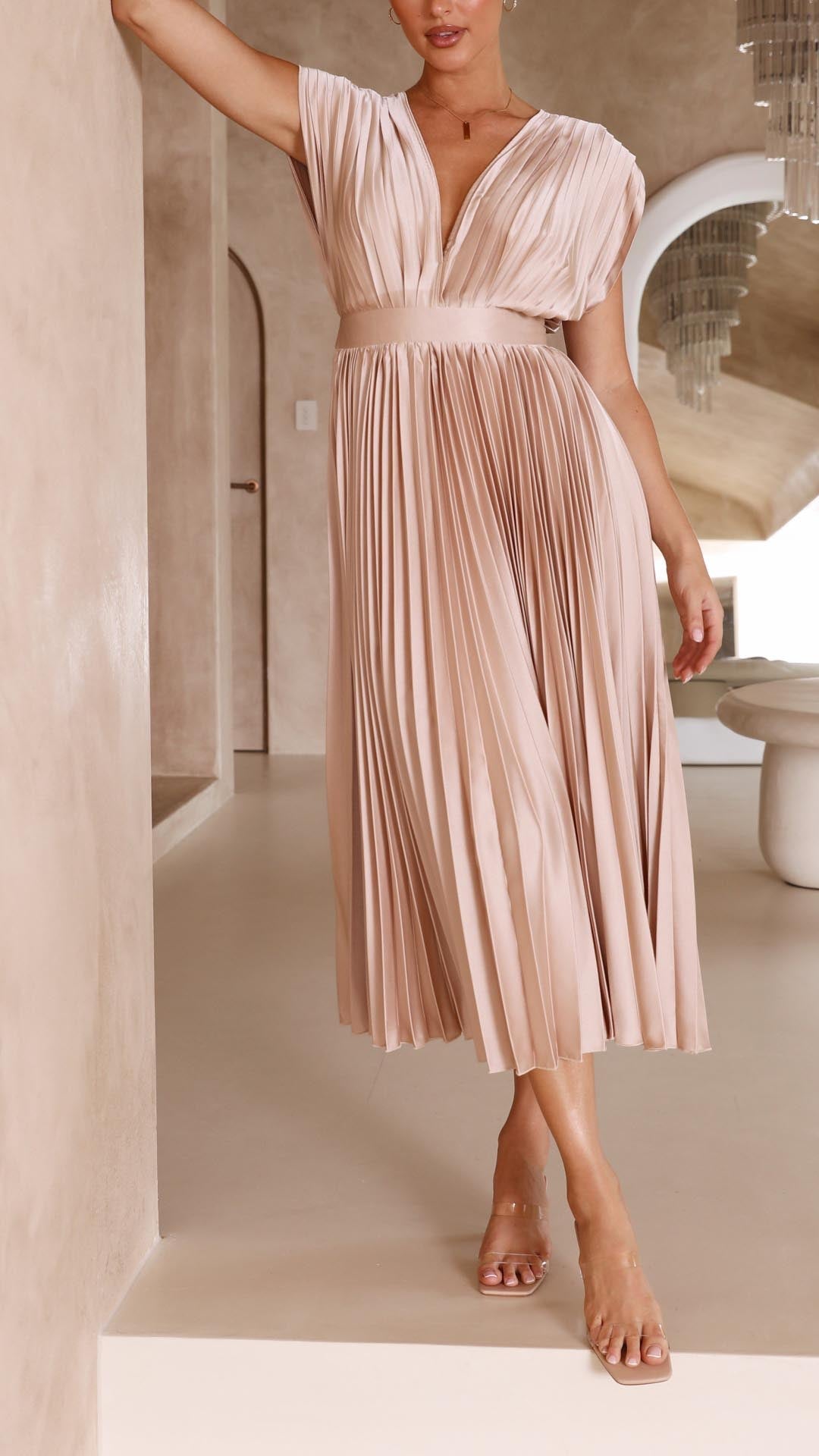 Kaitlyn | Women's Pleated V Neck Midi Wedding Guest Dress 8